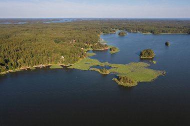 Denizde ormanla kaplı adalar. Yaz, güneşli bir gün. İskandinav doğası, Finlandiya. İHA 'dan fotoğraf..