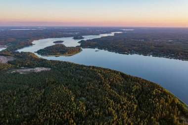 Finlandiya Körfezi 'nin kıyı şeridi. Kıyıda yoğun bir orman var. İskandinav doğası, Finlandiya. İHA 'dan fotoğraf..