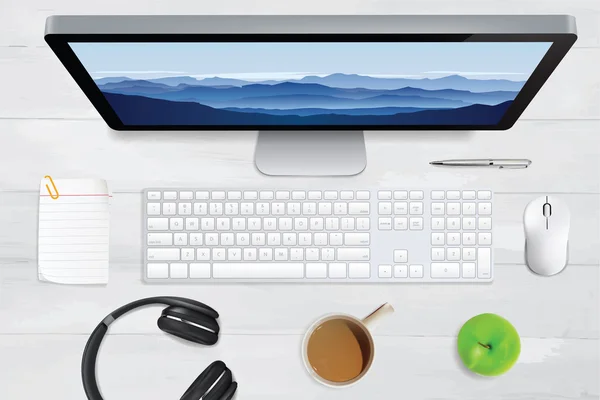 Vue du dessus du clavier, de l'écran numérique, du bloc-notes et d'autres accessoires — Image vectorielle