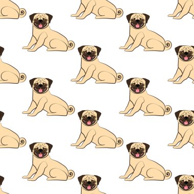 Beyaz arka planda pug dog deseni var. Vektör illüstrasyonu
