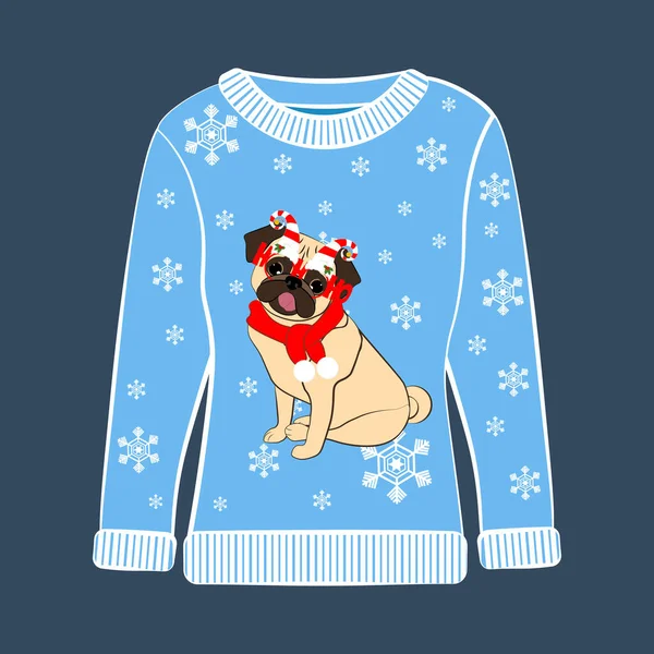 Pull Moche Noël Sur Fond Bleu Illustration Vectorielle — Image vectorielle