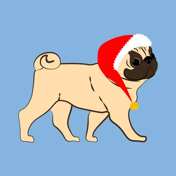Pug Perro Traje Navidad Vector Ilustración Sobre Fondo Azul — Vector de stock