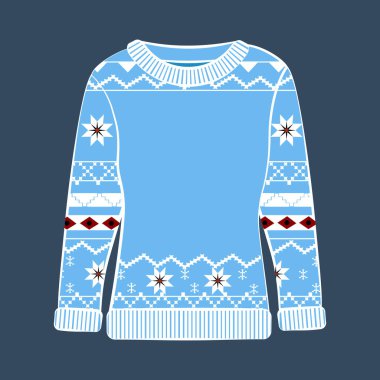 Mavi arka planda çirkin bir Noel süveteri. Vektör illüstrasyonu