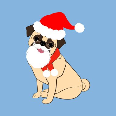 Mavi arka planda Noel kostümlü pug dog çizimi.
