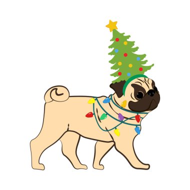 Beyaz arka planda noel kostümlü bir köpek. Vektör illüstrasyonu