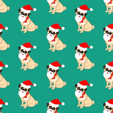 Yeşil arka planda, noel kostümlü, pürüzsüz bir desen var. Vektör illüstrasyonu