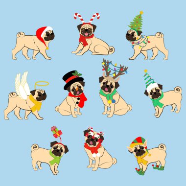 Mavi arka planda noel kostümlü puglar.