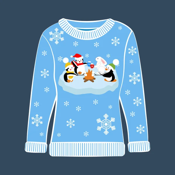 Weihnachtsfeier Hässlichen Pullover Vektor Illustration Auf Dem Blauen Hintergrund — Stockvektor