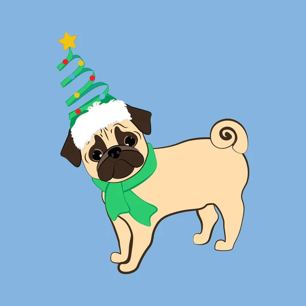 Mops Hund Weihnachtskostüm Vektor Illustration Auf Dem Blauen Hintergrund — Stockvektor