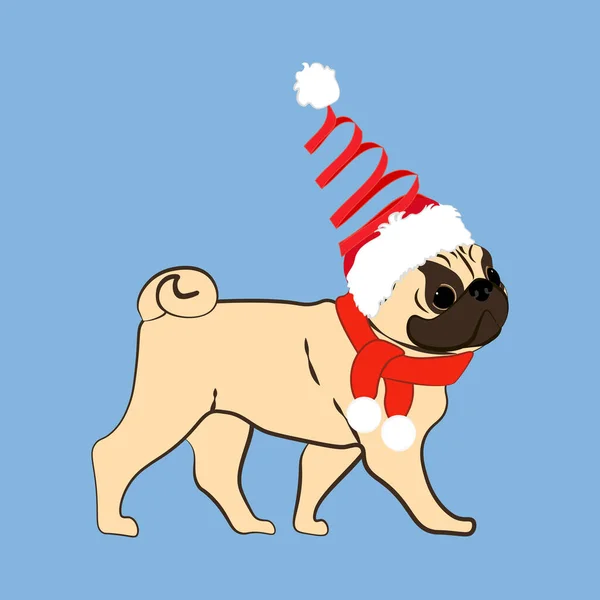 Mops Hund Weihnachtskostüm Vektor Illustration Auf Dem Blauen Hintergrund — Stockvektor