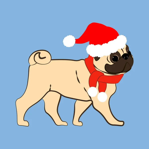 Mavi arka planda Noel kostümlü pug dog çizimi.