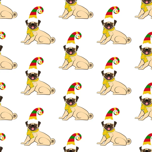 Pug Traje Navidad Patrón Sin Costuras Fondo Blanco Ilustración Vectorial — Vector de stock