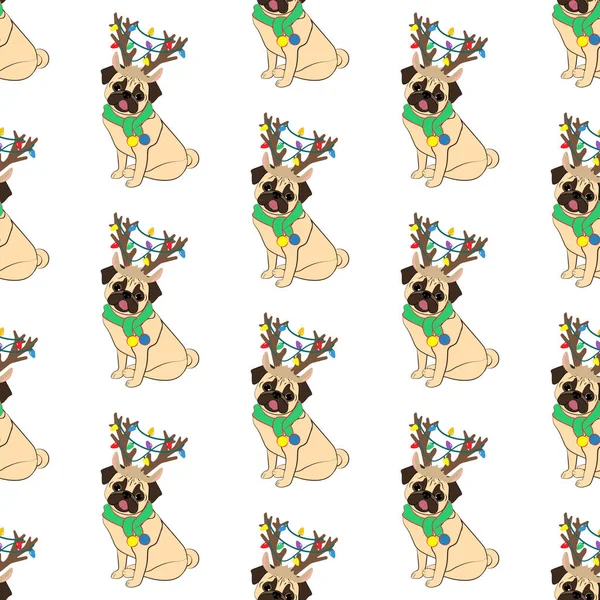 Pug Traje Navidad Patrón Sin Costuras Fondo Blanco Ilustración Vectorial — Vector de stock