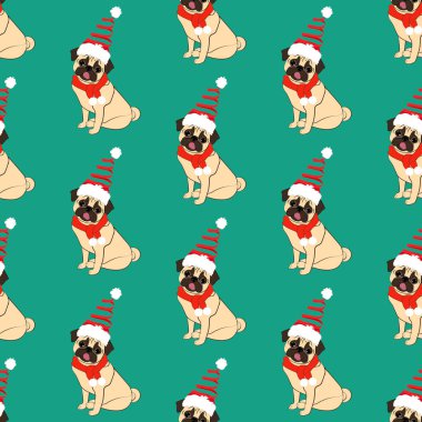 Yeşil arka planda, noel kostümlü, pürüzsüz bir desen var. Vektör illüstrasyonu