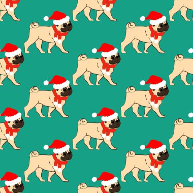 Yeşil arka planda, noel kostümlü, pürüzsüz bir desen var. Vektör illüstrasyonu