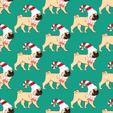 Yeşil arka planda, noel kostümlü, pürüzsüz bir desen var. Vektör illüstrasyonu