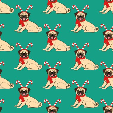 Yeşil arka planda, noel kostümlü, pürüzsüz bir desen var. Vektör illüstrasyonu