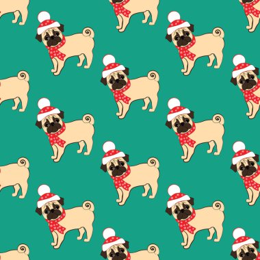 Yeşil arka planda, noel kostümlü, pürüzsüz bir desen var. Vektör illüstrasyonu