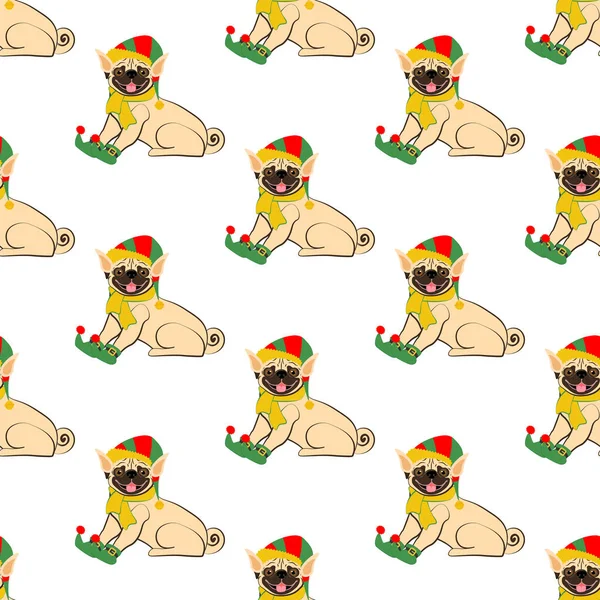 Pug Traje Navidad Patrón Sin Costuras Fondo Blanco Ilustración Vectorial — Vector de stock