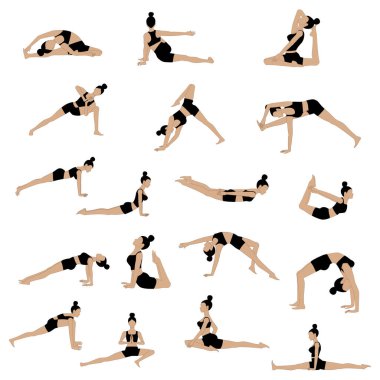 Yoga beyaz arka planda egzersiz yapıyor. Vektör illüstrasyonu