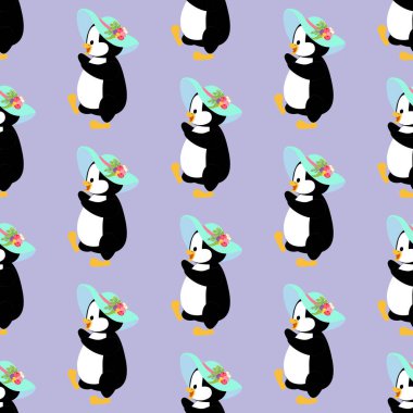Penguen şapkalı ve bahar çiçekli mor arka planda pürüzsüz bir desen var. Vektör illüstrasyonu