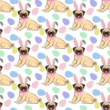 Paskalya Pug 'u beyaz arka planda tavşan kulağı takıyor. Vektör illüstrasyonu