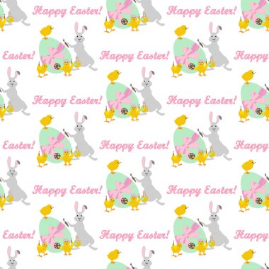 Tavşan ve civciv paskalya yumurtalarını beyaz arka planda kusursuz şekilde boyuyor..