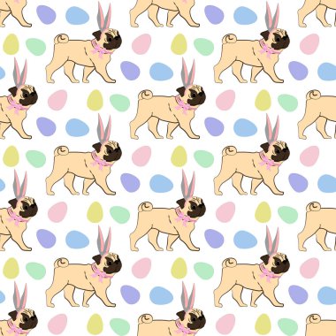 Paskalya Pug 'u beyaz arka planda tavşan kulağı takıyor. Vektör illüstrasyonu