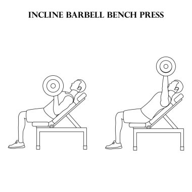 Incline barbell bench press workout exercise vector illustration outline on the white background.