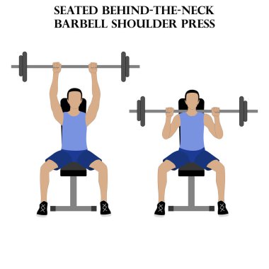 Beyaz arka planda, halterin arkasında oturan halterli omuz egzersizi illüstrasyonu. Vektör illüstrasyonu