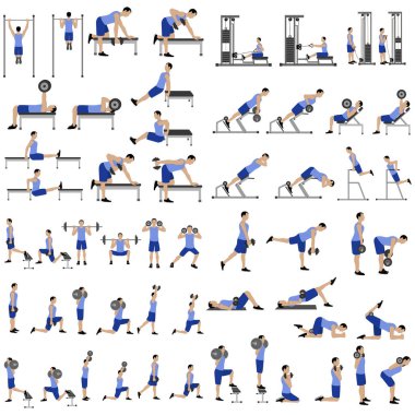 Antrenman seti. Erkek, beyaz arka planda fitness egzersizi yapıyor. Vektör illüstrasyonu