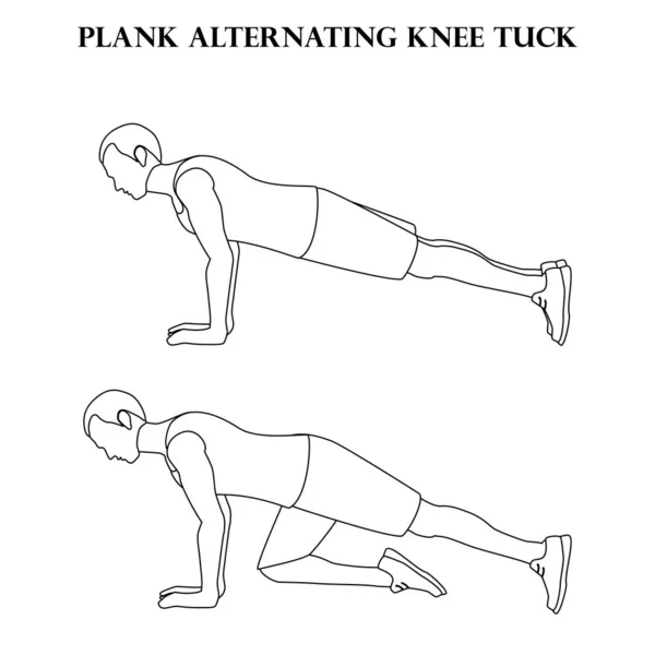 Plank Alternating Knee Tuck Exercise Strength Workout Illustration Outline White — Stock Vector