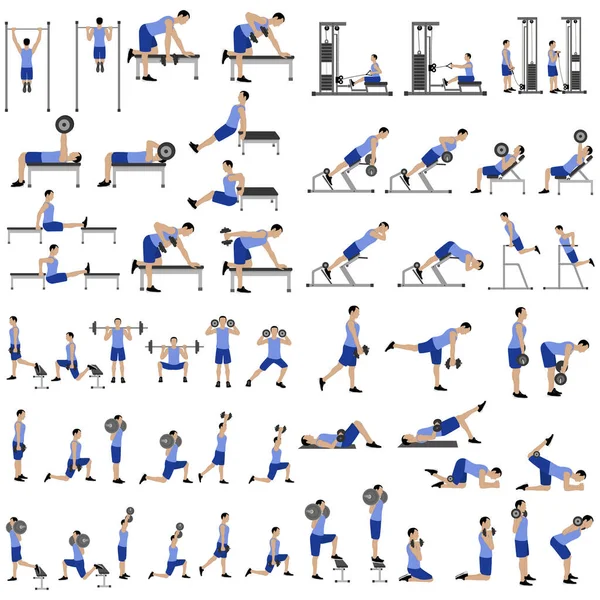 Antrenman seti. Erkek, beyaz arka planda fitness egzersizi yapıyor. Vektör illüstrasyonu