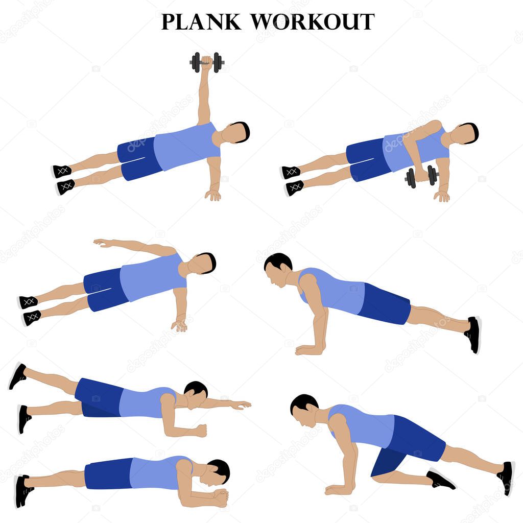 Workout man set. Plank workout on the white background. Vector illustration