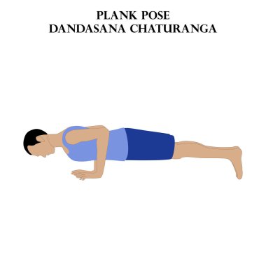 Plank yoga egzersizi yapıyor. Dandasana Chaturanga. Beyaz arka planda yoga illüstrasyonu yapan adam. Vektör illüstrasyonu