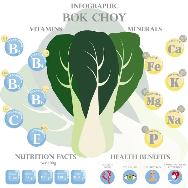 Bok Choy Nutrition Facts Health Benefits Infográfico Benefícios Saúde Bok — Vetor de Stock