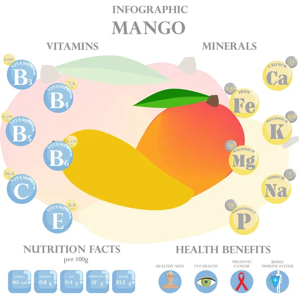 Mango Fakty Żywieniowe Korzyści Zdrowotne Infografiki Korzyści Zdrowotne Wynikające Mango — Wektor stockowy