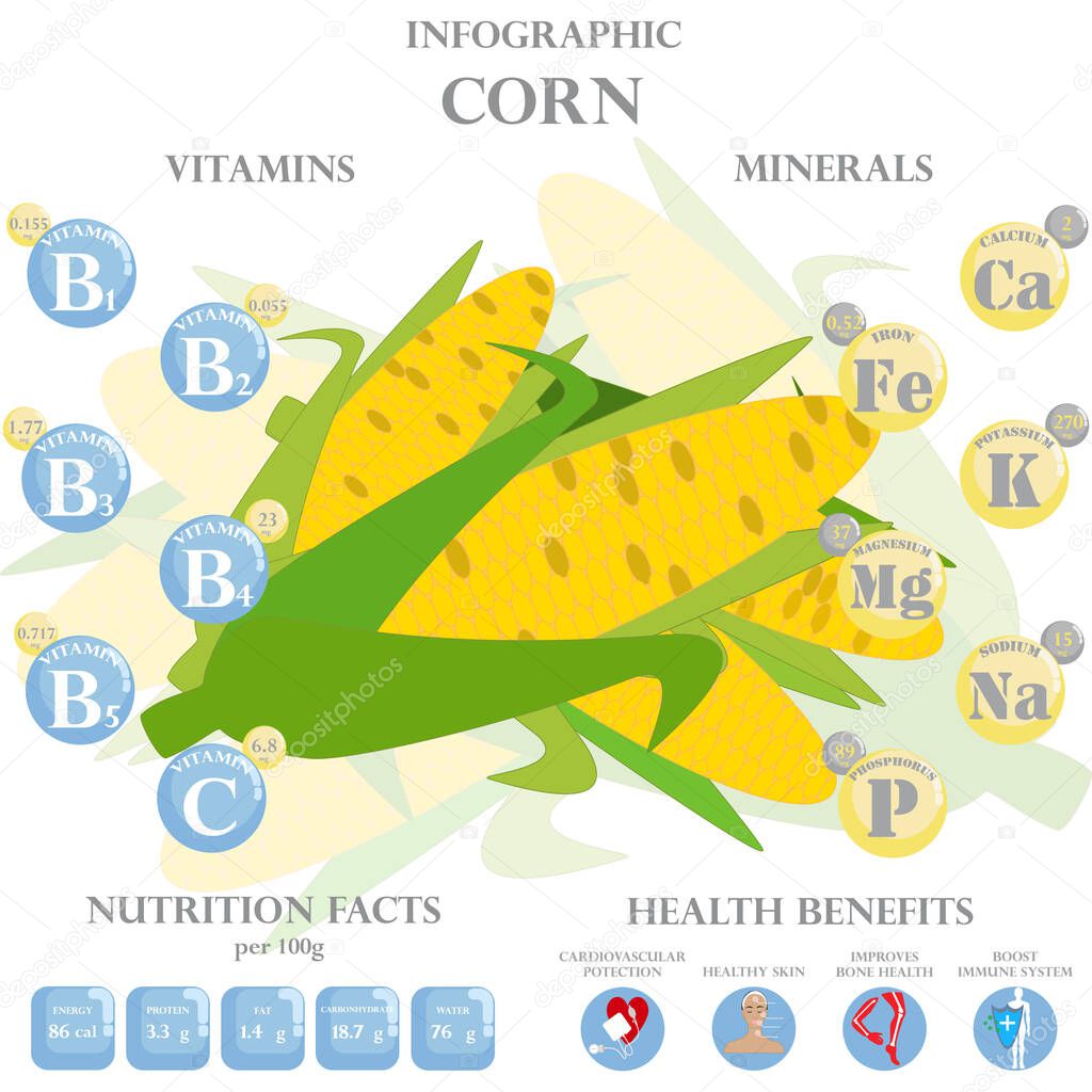 Corn nutrition facts and health benefits infographic. Health benefits of corn