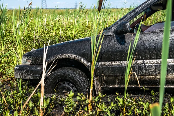 沼の泥の中で立ち往生している車 — ストック写真