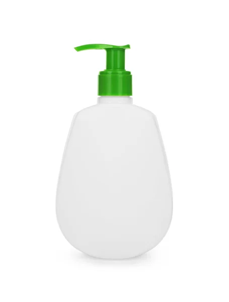 녹색 디스펜서 펌프와 깨끗 한 흰색 플라스틱 병 — 스톡 사진