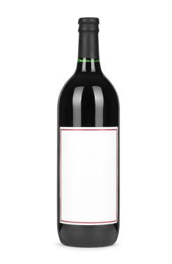 Kağıt boş etiketi üzerinde beyaz backgr izole kırmızı şarap şişesi