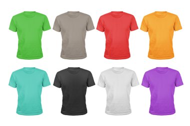 Bir dizi sekiz renk pamuk t-shirt üzerinde beyaz adam izole.