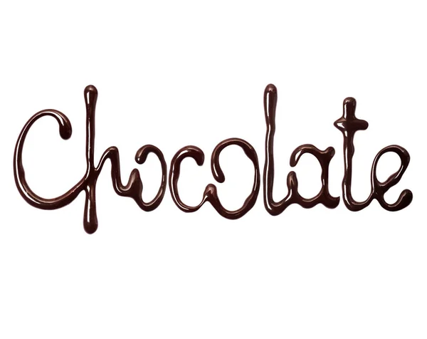 Közelkép Felirat Csokoládé Készült Olvadt Csokoládé Elszigetelt Fehér Alapon — Stock Fotó