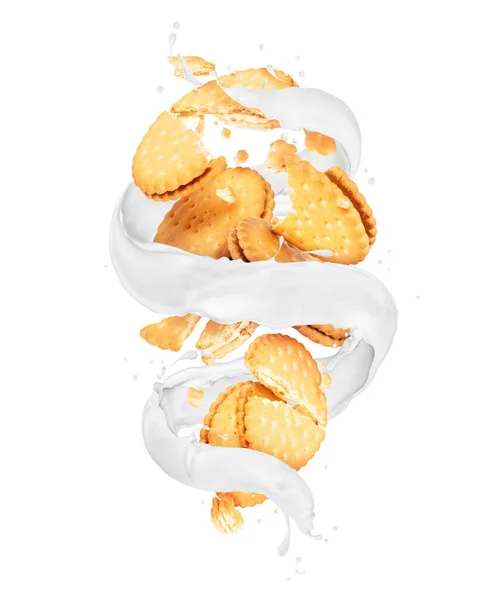 Смачне Хрустке Печиво Молочними Бризками Формі Гойдалки Білому Тлі — стокове фото