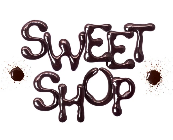 Błyszczący Napis Sweet Shop Wykonany Jest Czekolady Odizolowanej Białym Tle — Zdjęcie stockowe