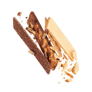 Çikolata ve sütlü waffle beyaz arka planda havaya uçtu.