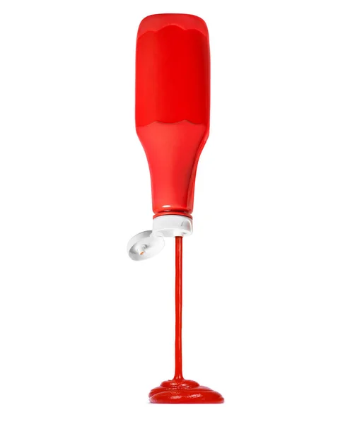 Ketchup Flui Uma Garrafa Plástico Vermelho Isolado Fundo Branco — Fotografia de Stock
