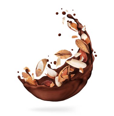 Beyaz arka planda ezilmiş bademlerle çikolata sıçrar.