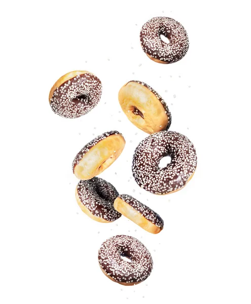 Donuts Chocolate Estão Caindo Isolados Fundo Branco — Fotografia de Stock