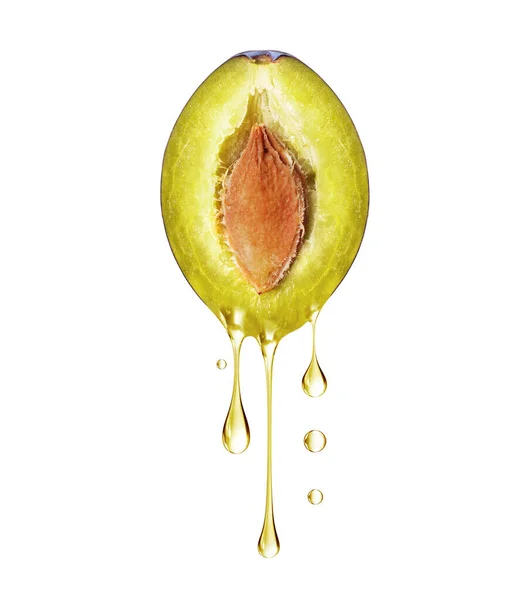 Drops Juice Dripping Half Plum Close White Background — Stock Photo, Image